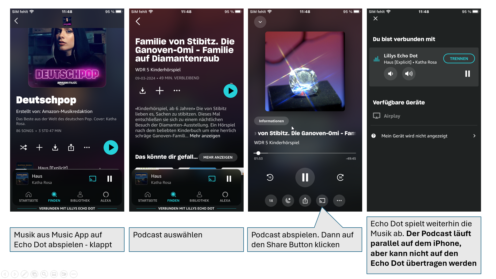 Amazon Music App spielt Musik auf Echo Dot. Bei Podcasts PROBLEM